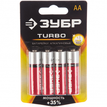 Батарейка Зубр "TURBO" щелочная, тип АА, 1,5В 4шт на карточке